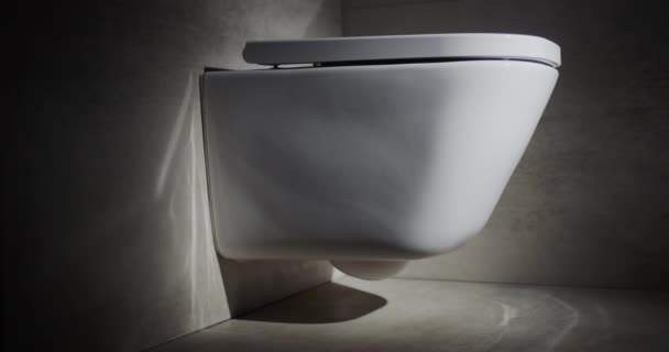 Stylish white toilet bowl in a modern toilet. Cinematic video. Slider 4k shot — Stock Video