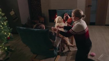 Anne ve iki genç kız şöminenin yanında rahat bir akşam geçiriyorlar. Süslü bir Noel ağacının yanında örgü örüyorlar. Golden Retriever 'ları ise aile sıcaklığının tadını çıkarıyor. Yüksek kalite 4k görüntü