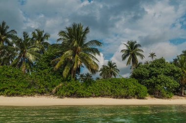 Samui Adası 'ndaki Lipa Noi' de palmiye ağaçları ve kumlu plajlı tropik sahil şeridi sakin deniz suyu ve bulutlu mavi gökyüzü altında yemyeşil. Yüksek kalite fotoğraf