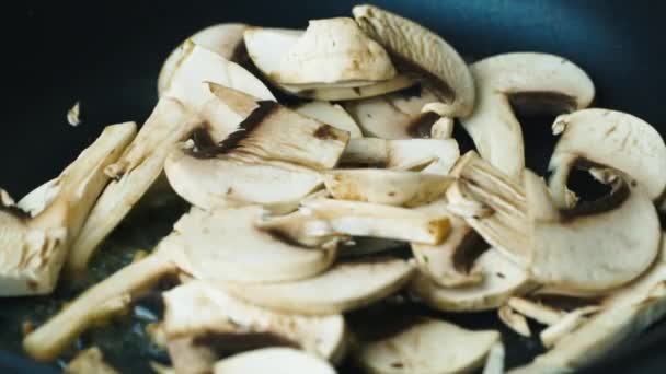 Mushrooms are fried in a pan — Stock Video