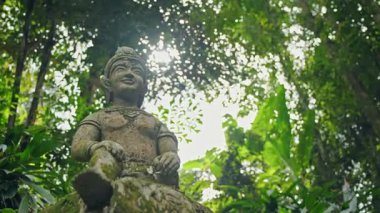 Samui 'deki Sihirli Bahçe' deki taş heykel, yoğun tropikal yapraklar ve orman tepe örtüsünün içinden süzülen yumuşak güneş ışığıyla çevrili ve sakin bir ruhsal ruh hali yaratıyor. Yüksek kalite 4k görüntü