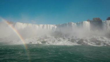 Niagara Şelalesi berrak mavi gökyüzünün altında, çalkantılı nehir suyunun üzerinde gökkuşağı bulutu içinde..