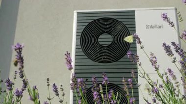 Poltava, Ukrayna, 20 Ağustos 2025: Ev duvarına çiçek açan lavanta ve kelebek, yenilenebilir enerji ve çevre dostu ısıtma sistemi kurulmuş modern ev ısıtma pompası