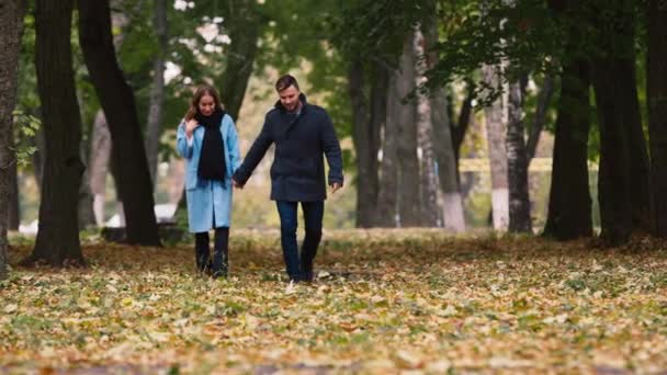 Привлекательная пара, гуляющая в осеннем парке — стоковое видео