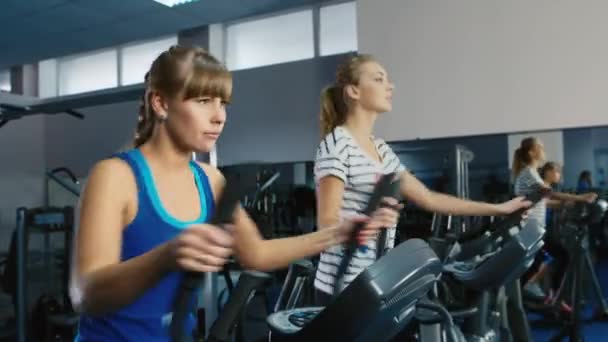 Две привлекательные женщины тренируются в тренажерном зале на эллиптическом тренере — стоковое видео
