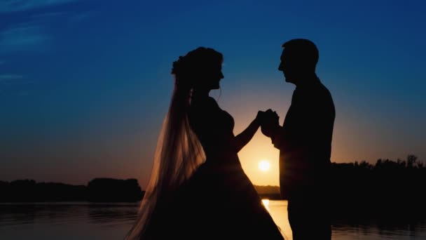 Silhouette newlyweds at sunset — Stock Video