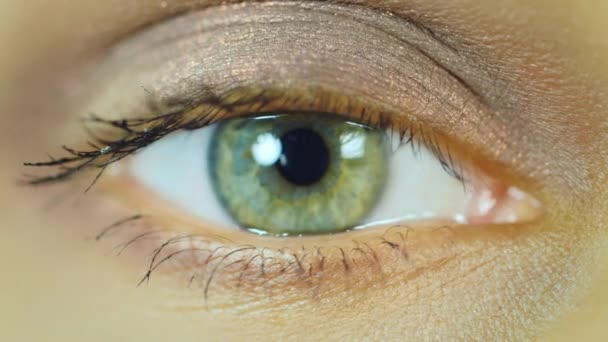 Выразительный женский глаз, смотрящий в камеру — стоковое видео