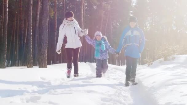 Mutter mit Sohn und Tochter beim Winterspaziergang im Wald — Stockvideo