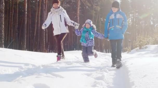 Familia feliz en una excursión de invierno — Vídeos de Stock