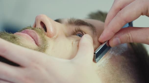 Mens hairstyling and haircutting in a barber shop or hair salon. Grooming the beard — Stock Video