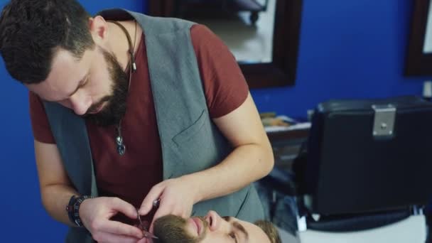 Mens hairstyling en haircutting in een kapper of kapsalon. Het verzorgen van de baard — Stockvideo