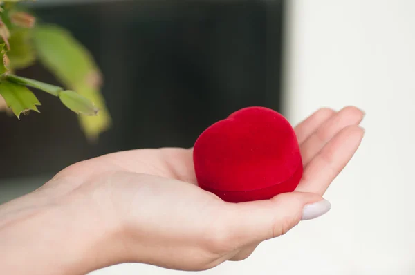 Caja de regalo con un anillo en la mano —  Fotos de Stock