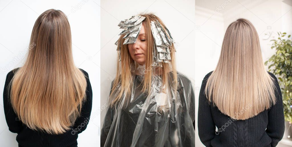 Blonde hair transformation process before and after highlighting hair, three photos in one on a white background in a beauty salon
