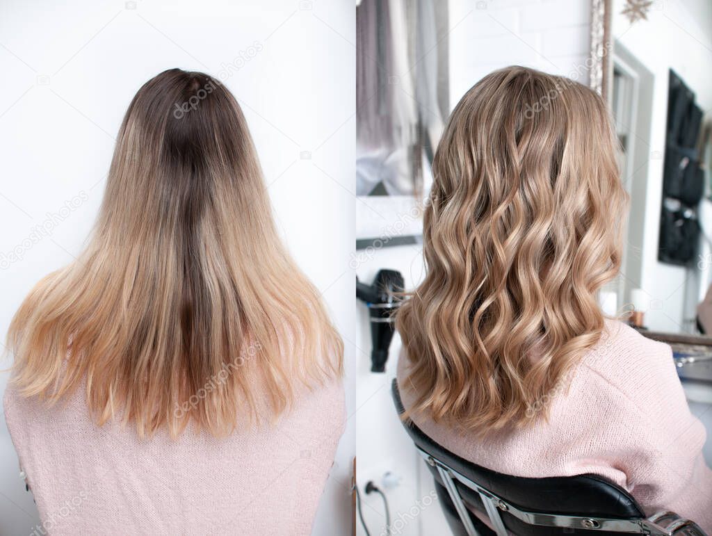 Young blonde woman before and after visiting a beauty salon with hair coloring and cutting
