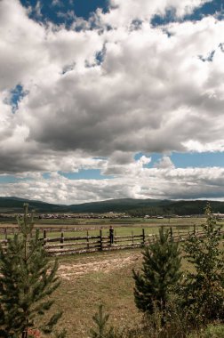 Güzel bir yaz manzarasının arka planında bulutlu gökyüzü ve köyü olan genç bir kadın.