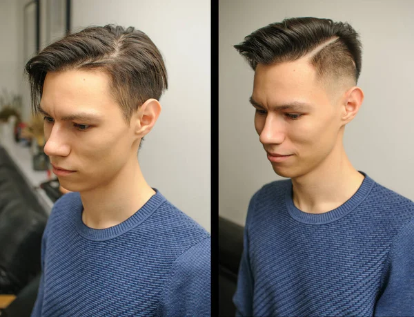 Joven con moderno corte de pelo corto en salón de belleza, antes y después Imágenes de stock libres de derechos