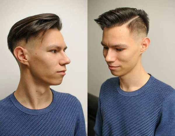 Young Man Modern Short Haircut Beauty Salon Two Photos Different — Stock Photo, Image