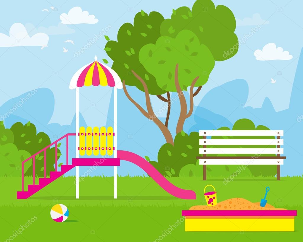 Parco giochi colorato per bambini con altalene scivolo sabbiera panca teeter Consiglio Parco giochi per bambini Scuola parco per i bambini
