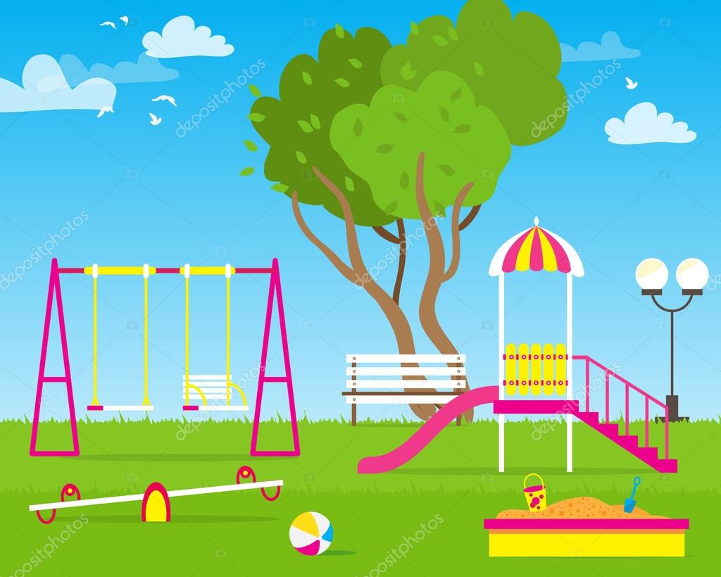 Parco giochi colorato per bambini con altalene scivolo sabbiera panca teeter Consiglio Parco giochi per bambini Scuola parco per i bambini