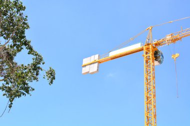 İnşaat alanına mavi gökyüzünde vinç. 