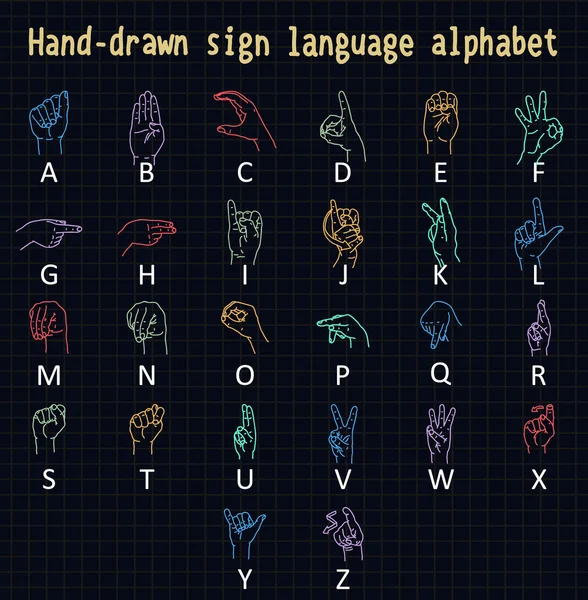 Alphabet en langue des signes dessiné à la main — Image vectorielle