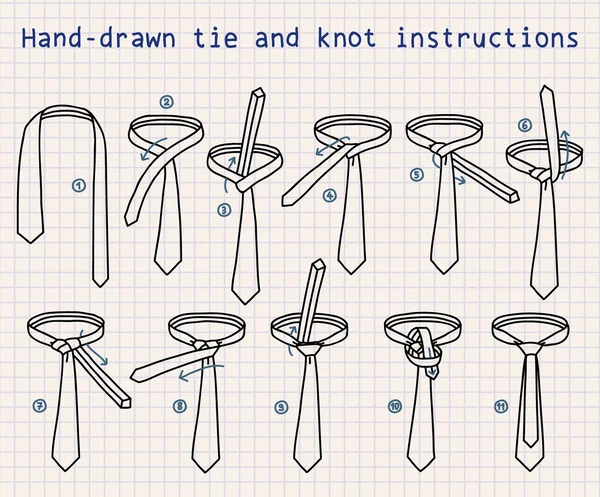 Handgezeichnete Krawatte und Anleitung zum Knoten — Stockvektor