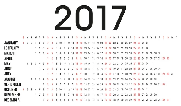 Calendário simples 2017 planejador - horário do dia — Vetor de Stock
