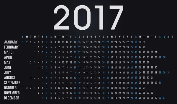 Calendário simples 2017 planejador - horário do dia — Vetor de Stock