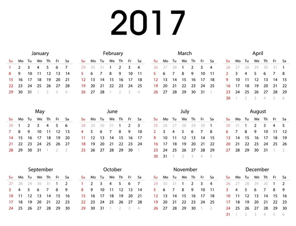 Modelo de calendário simples 2017 para uso comercial e privado - semana a partir de segunda-feira — Vetor de Stock