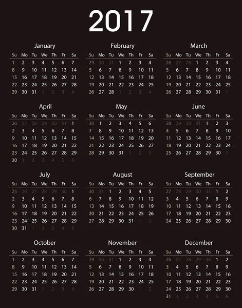 商業および私用使用のための単純な 2017年カレンダー テンプレート月曜日から始まる 1 週間 — ストックベクタ
