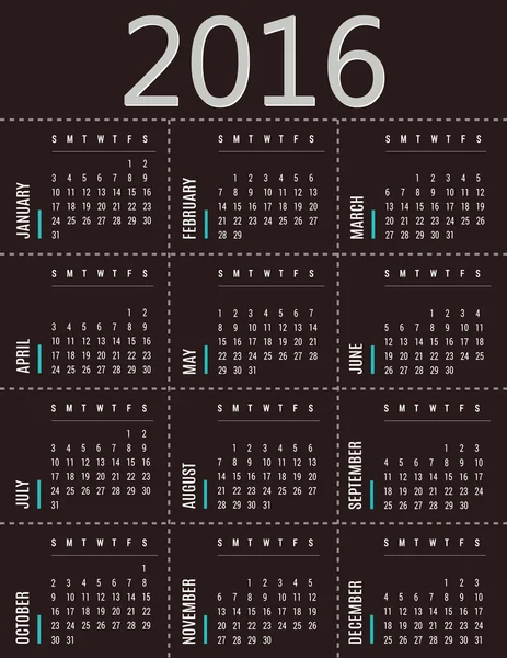 Plantilla de calendario simple 2016 - diseño marrón y verde — Vector de stock