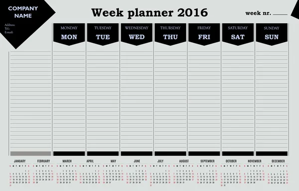 Wochenplaner 2016 Kalender für Firmen und Privatpersonen. - einfaches Design — Stockvektor