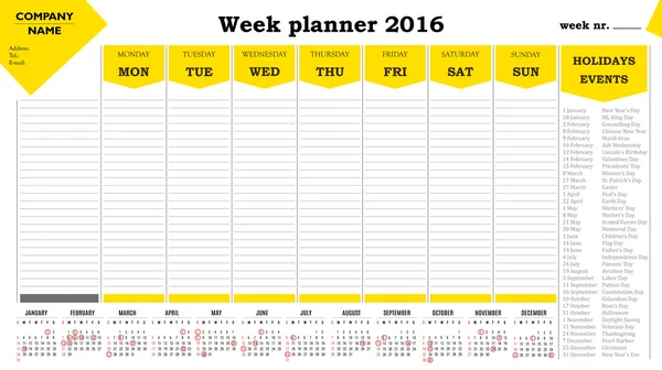 Wochenplaner 2016 Kalender für Firmen und Privatpersonen. - Feiertage und Veranstaltungen im Inneren — Stockvektor