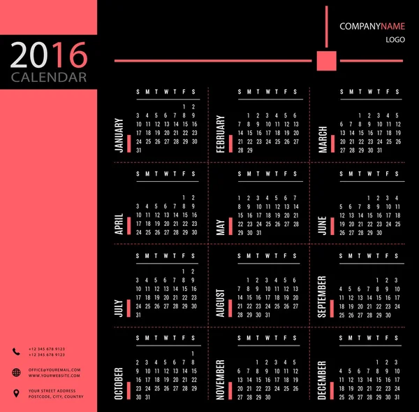 Kalendervorlage 2016 für Unternehmen und Privatpersonen — Stockvektor