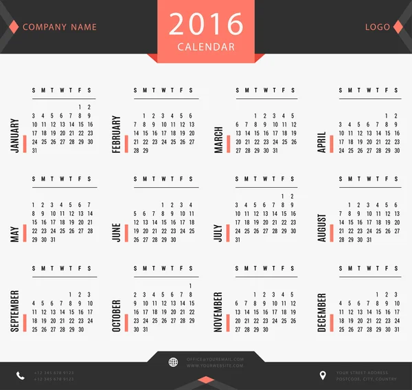 会社とプライベートの 2016年カレンダー テンプレートを使用します。 — ストックベクタ
