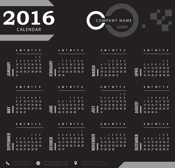 Kalendervorlage 2016 für Unternehmen und Privatpersonen — Stockvektor