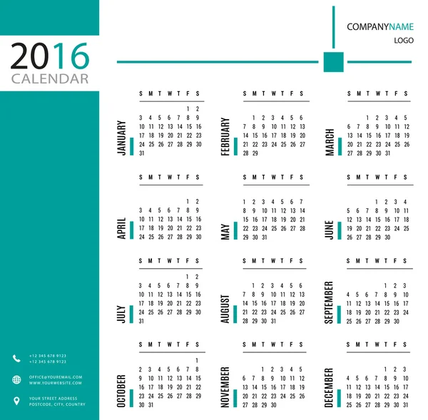 2016 calendar template for companies and private use — Stock Vector