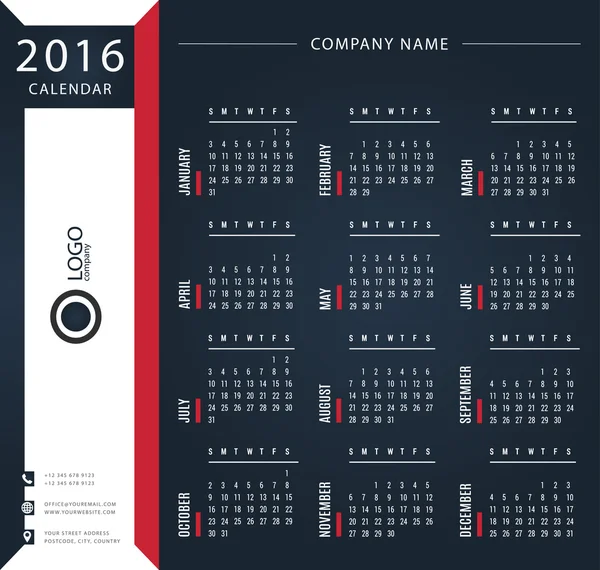 Modèle de calendrier 2016 pour les entreprises et l'usage privé — Image vectorielle