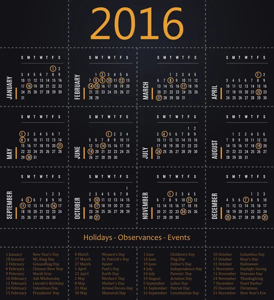 Modèle de calendrier 2016 avec jours fériés, observances et événements — Image vectorielle