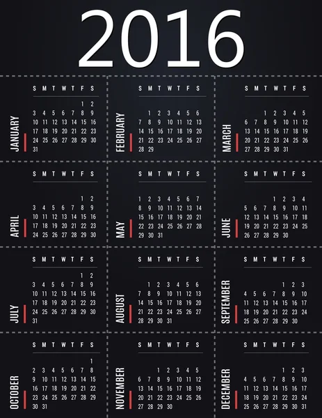 Plantilla de calendario simple 2016 - diseño negro — Vector de stock