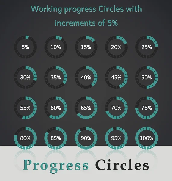 Cerchi di progresso con incrementi del 5% - disegno grigio verde — Vettoriale Stock