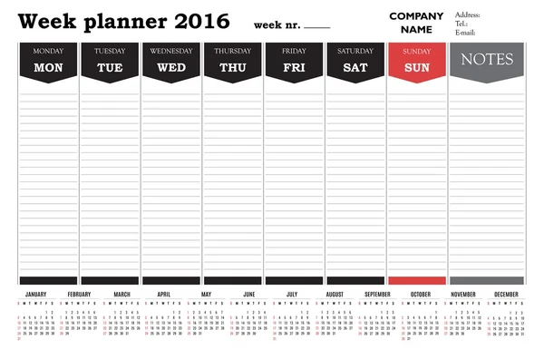 Week planner 2016 calendar - black and white design for office and private use. — Stock Vector