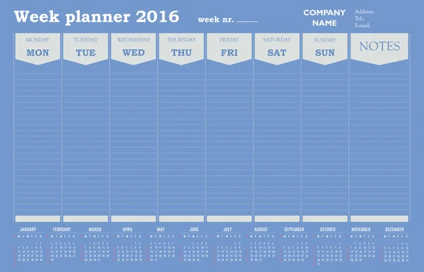 Týdenní kalendář planner 2016 - modré a šedé provedení — Stockový vektor