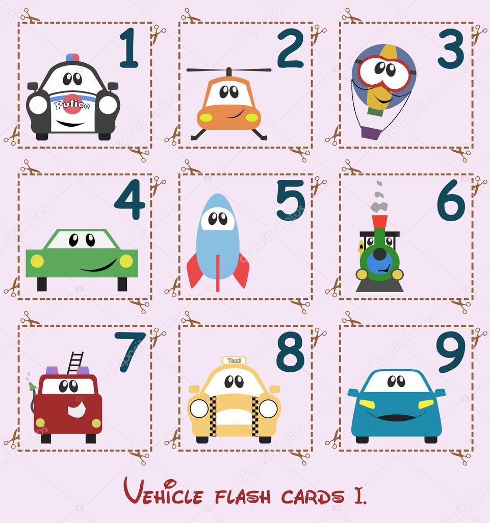 Learning flash cards - vehicles and numbers