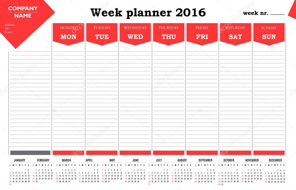 Week planner 2016 calendar - red design