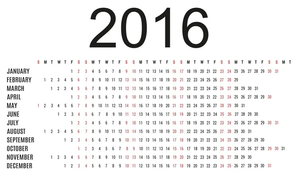 Einfacher Planer-Kalender 2016 - schwarz-weißes Design — Stockvektor