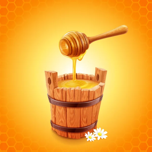 Honey stick and wooden bucket — Stock Vector