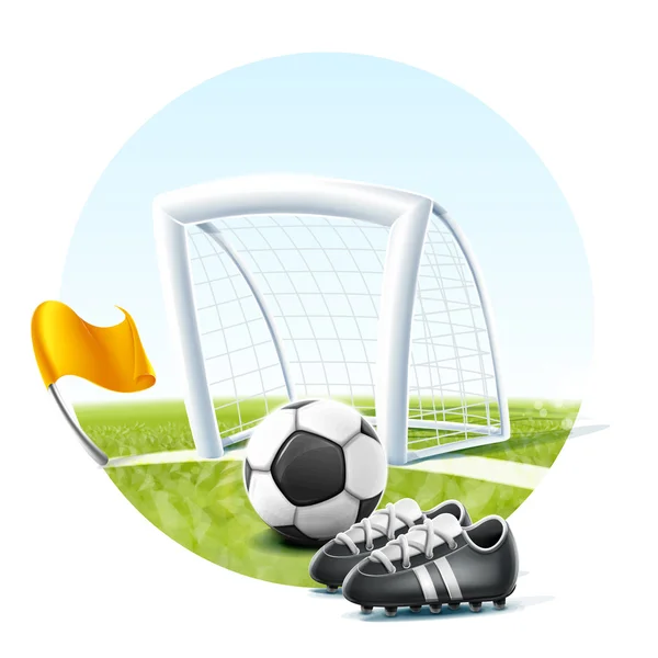Zapatillas, bandera, pelota cerca de la puerta de fútbol — Vector de stock