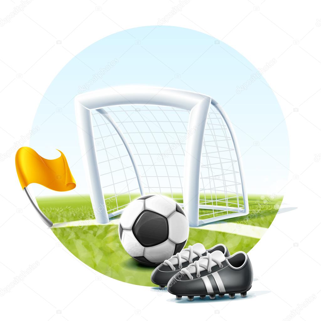 Sneakers, flag, ball near the soccer gate , vector illustration
