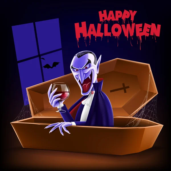 Vampire avec vin rouge dans le cercueil — Image vectorielle